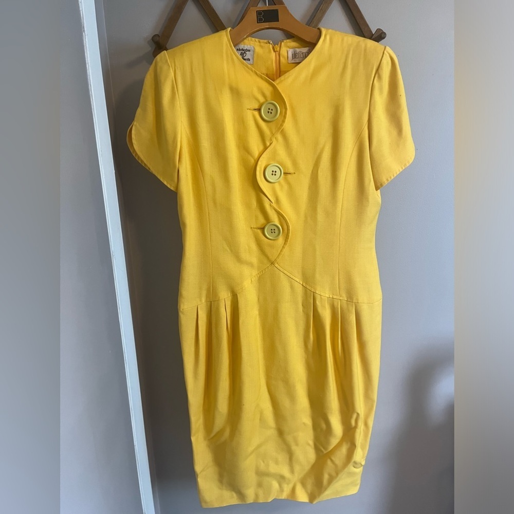 Julie Francis Yellow Scalloped Button Front 80s Dress L